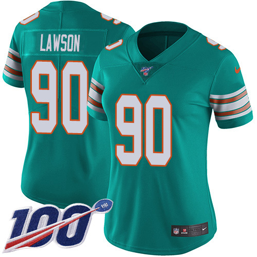 Nike Miami Dolphins #90 Shaq Lawson Aqua Green Alternate Women Stitched NFL 100th Season Vapor Untouchable Limited Jersey->women nfl jersey->Women Jersey